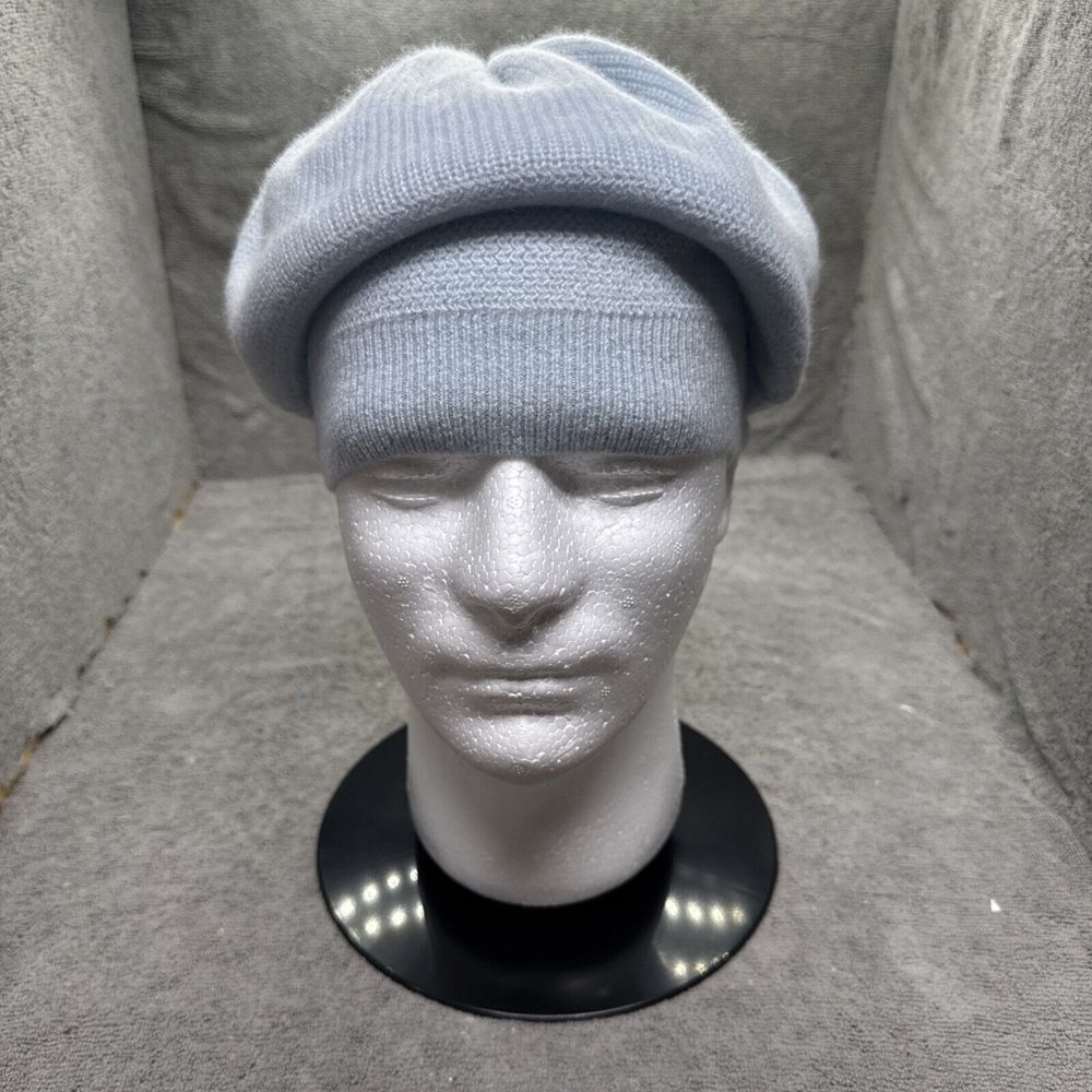 Waysoft 100% Cashmere Beanie Hat Knit Pale Blue Ribbed Luxury Cap‎ Apres Ski
